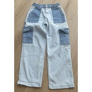 Almost Famous Colorblock Denim Cargo Pants Women's Size Medium Elastic Waist